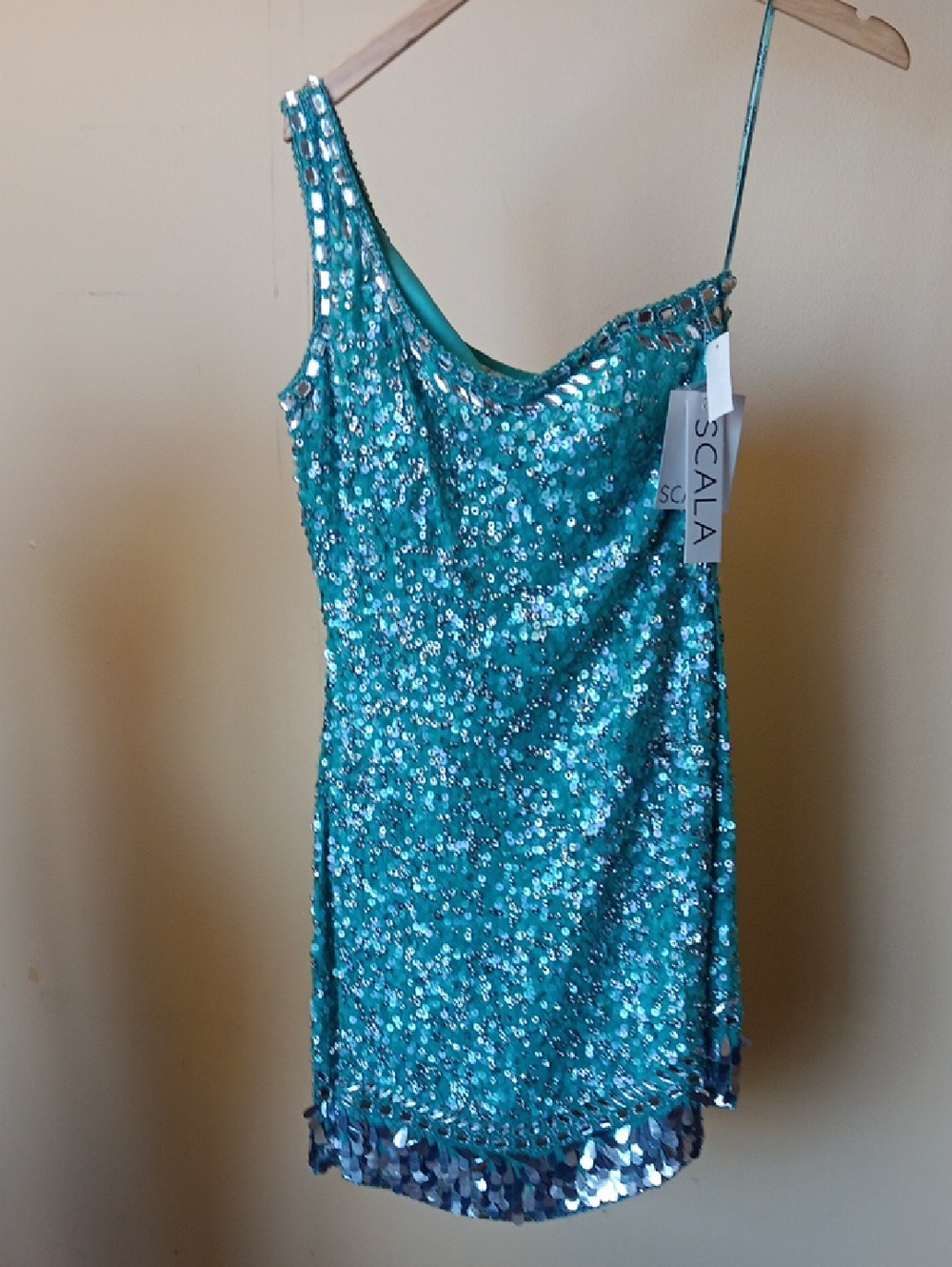 Scala Turquoise Sequin One-Shoulder Mini Dress. Vintage, Size 10, Silk